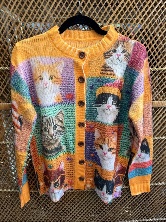 Source Unknown Tops - Faux Cable Knit Cat Patchwork Cardigan
